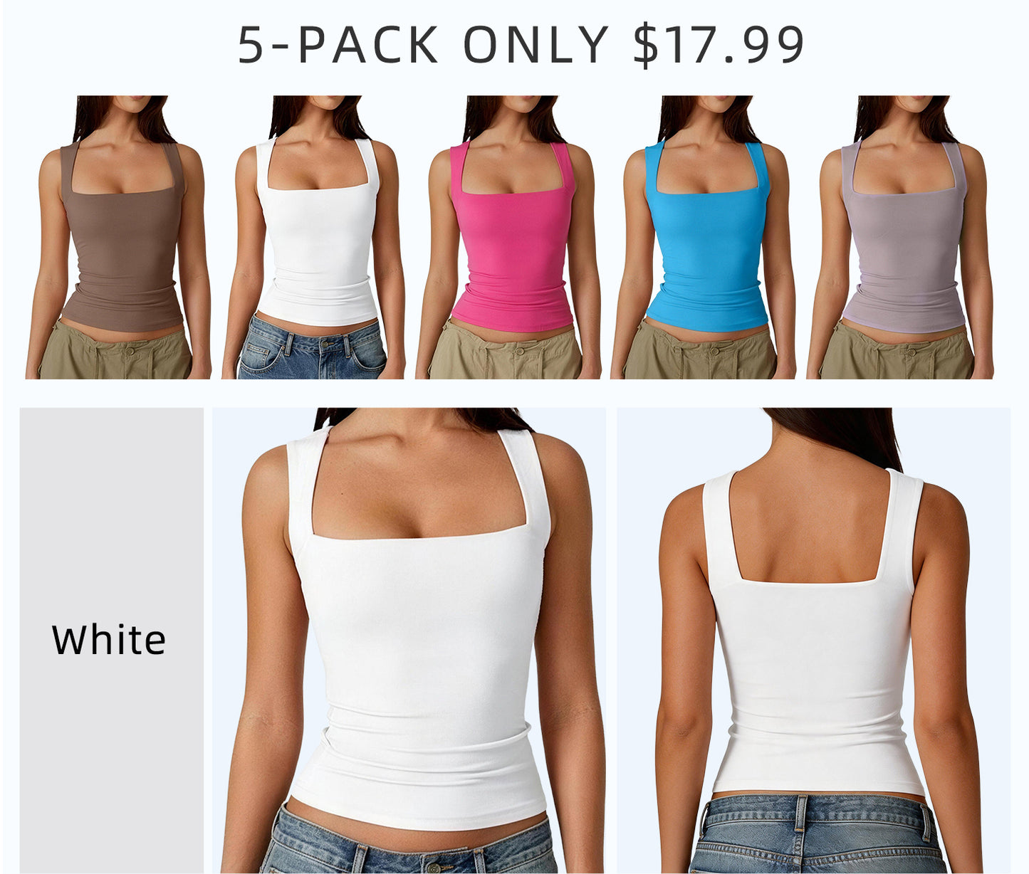 Women's Square Neck Tank Top  Double Layer Stretchy Top