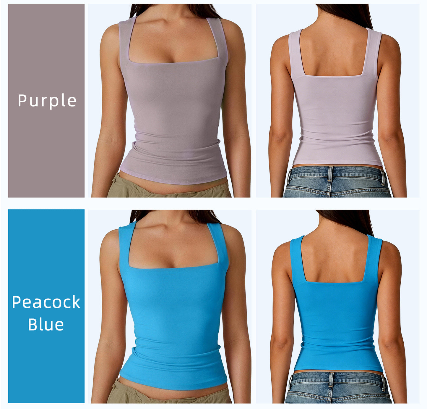 Women's Square Neck Tank Top  Double Layer Stretchy Top