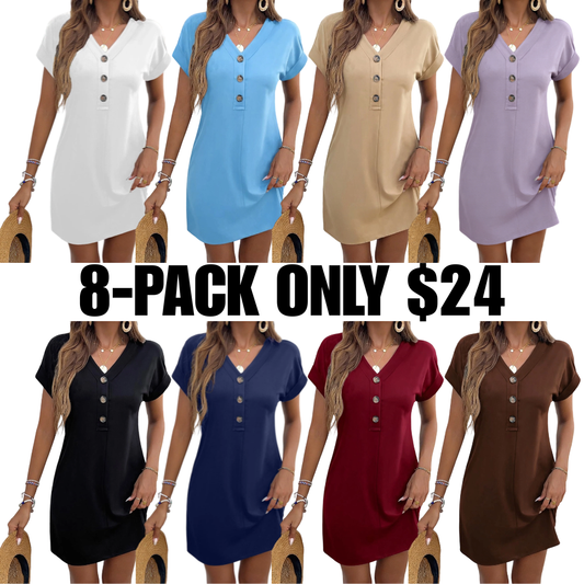 Women's Plain Button V Neck Basic Minimalist Tee Dress